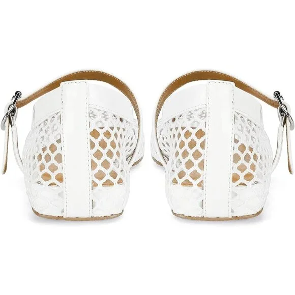 Women's White Mesh Ballet Flats Buckle Strap Fishnet Casual Comfy Office Shoes - Picture 5 of 6